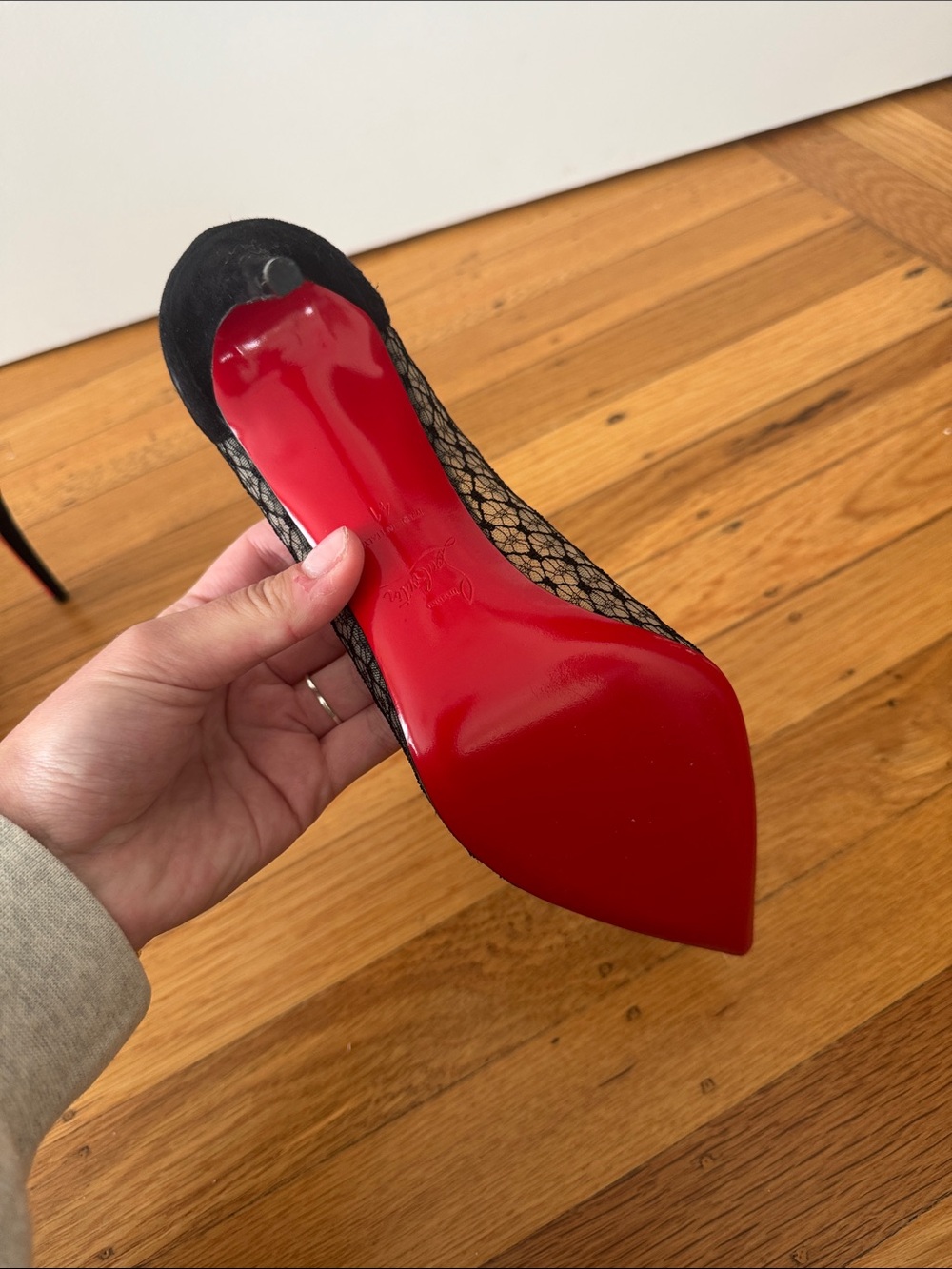 Christian Louboutin Black Lace Pointed Toe Pumps with Mesh Overlay - Picture 4 of 4